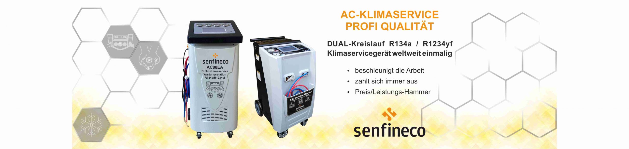 Senfineco Klimaanlagen Service Gerät für R134a / R1234yf wechseln das Kältemittel, prüfen auf Dichtigkeit und befüllen das System grammgenau.