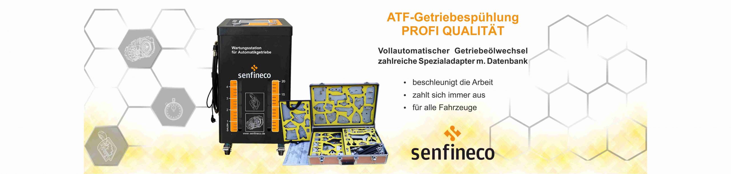 Getriebespülgeräte der Marke Senfineco mit Datenbank und umfangreichem Spezialadapterkoffer in Profiqualität für die Werkstatt
